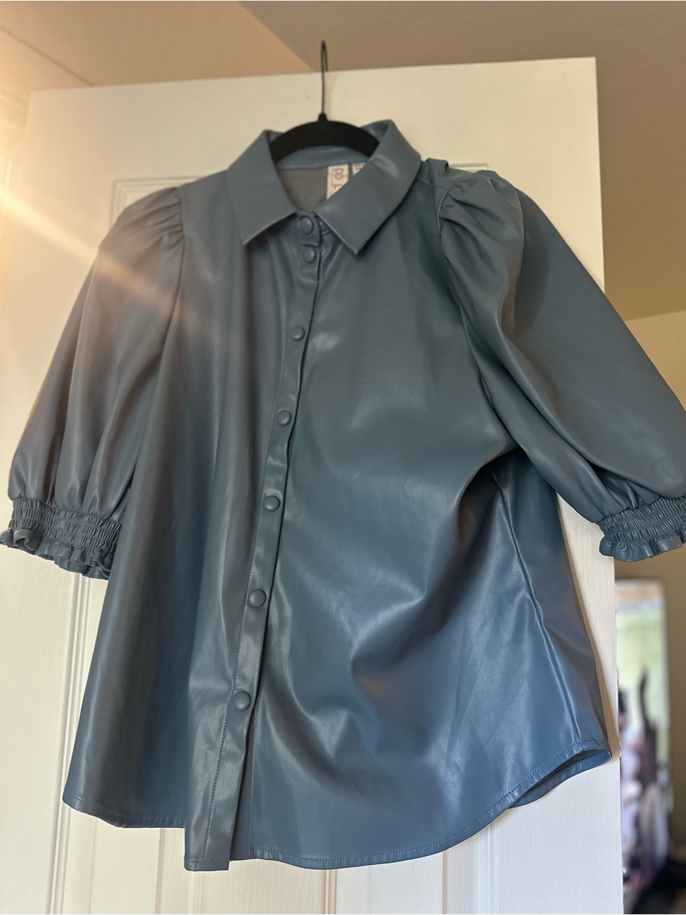 Anthropologie Dolan Faux leather blue button collar short sleeve blouse